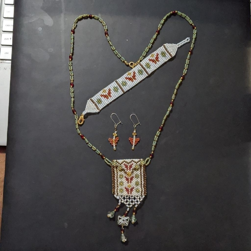 Vintage Beaded Neutral Tone Butterfly Medicine Bag Necklace Bracelet Earring Set